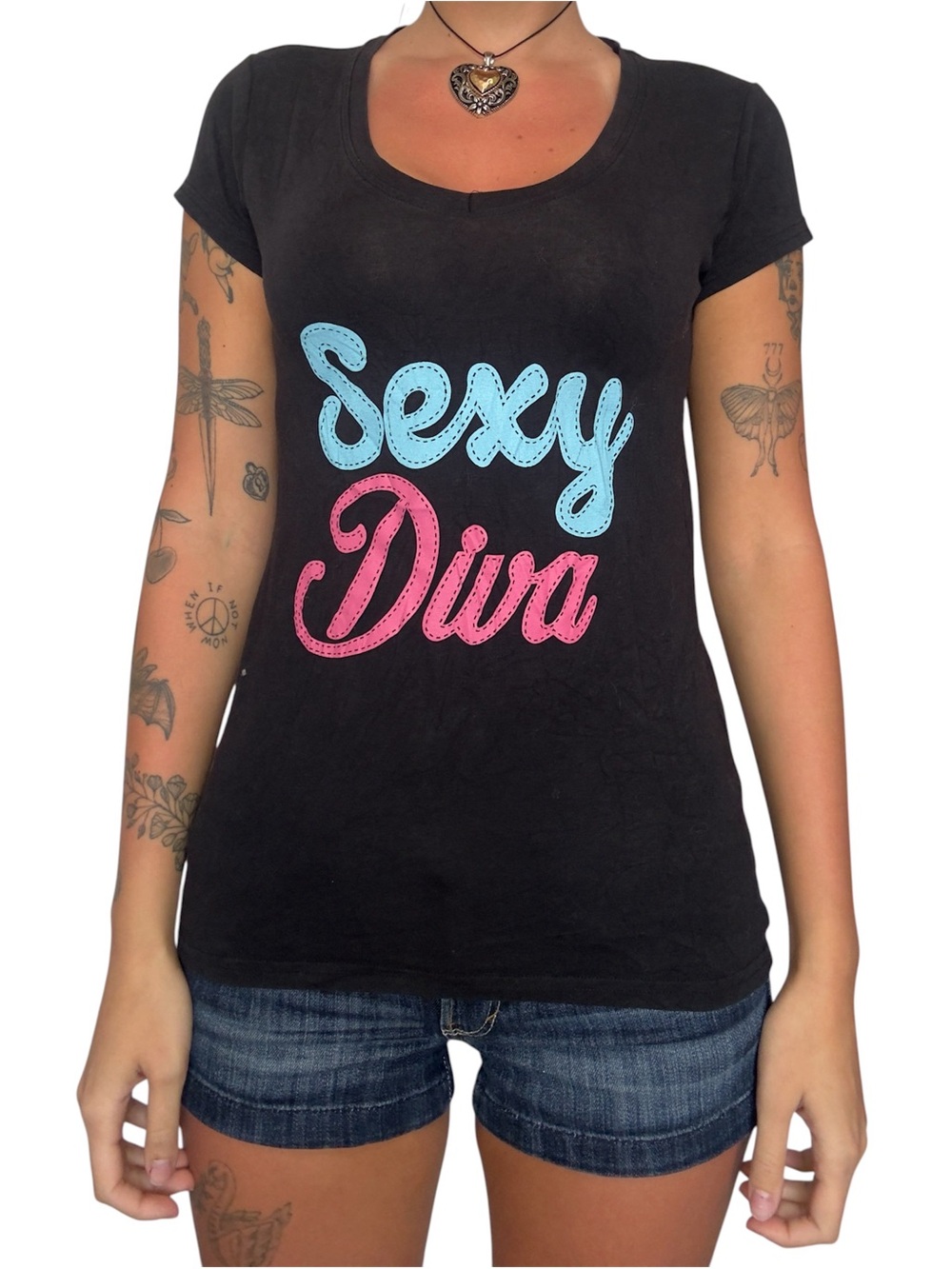 Y2K Sexy Diva Graphic V-Neck Tee - Black with Blue & Pink Script